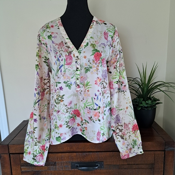 Zara Floral Blouse Women's Size Large Lightweight Top Colourful Long Sleeved - Picture 1 of 12